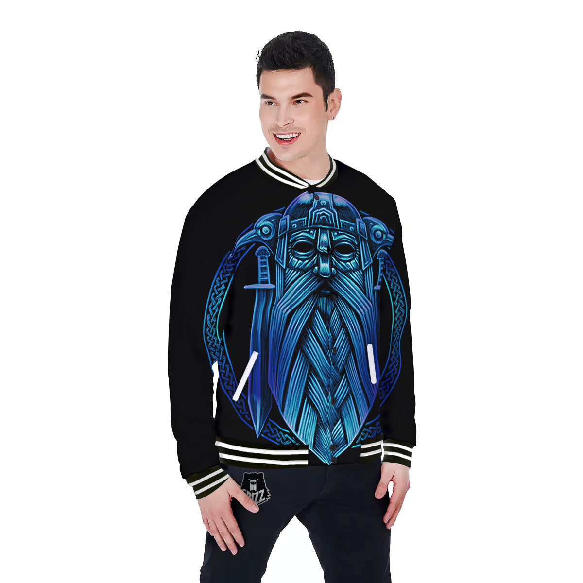 Viking Norse God Odin Blue Print Baseball Jacket-grizzshop