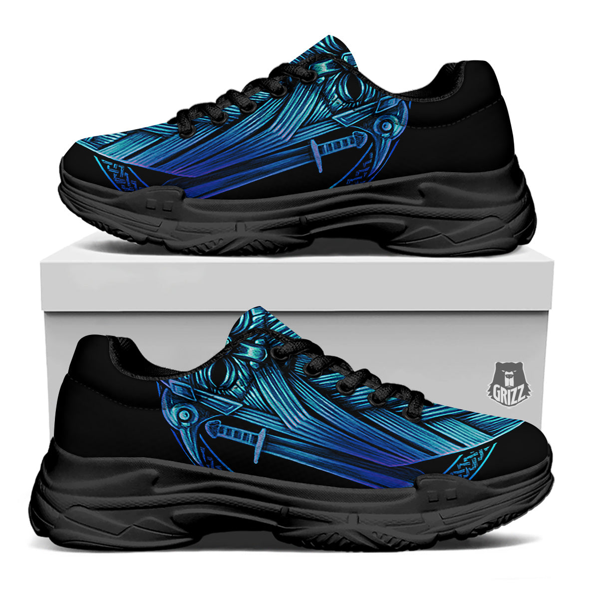 Viking Norse God Odin Blue Print Black Chunky Shoes-grizzshop