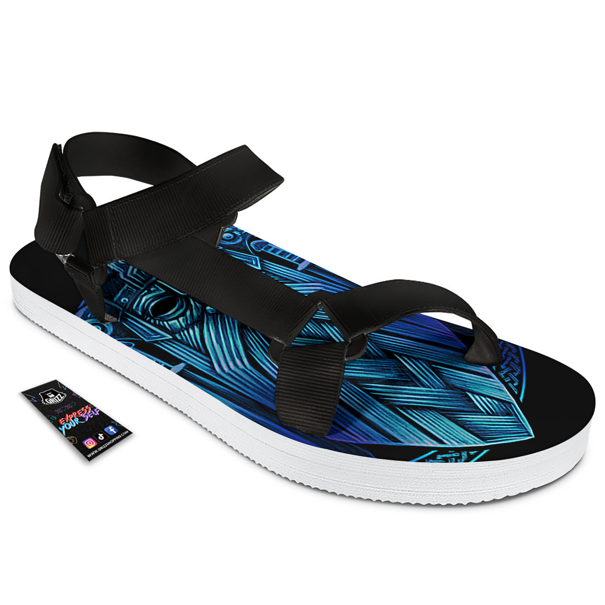 Viking Norse God Odin Blue Print Black Open Toe Sandals-grizzshop