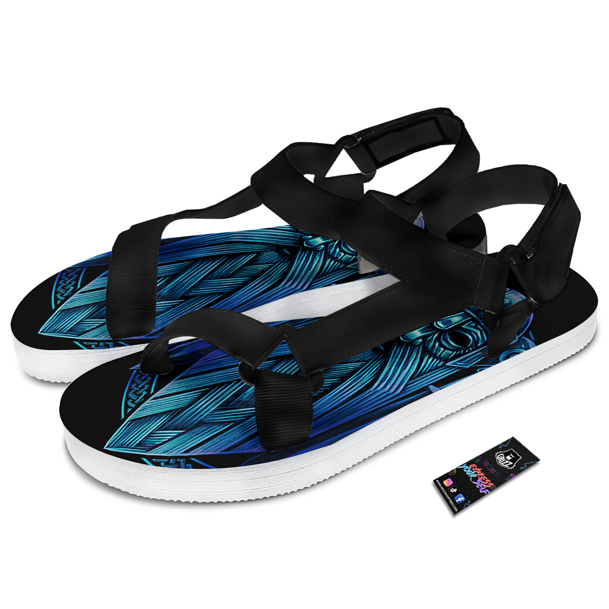 Viking Norse God Odin Blue Print Black Open Toe Sandals-grizzshop