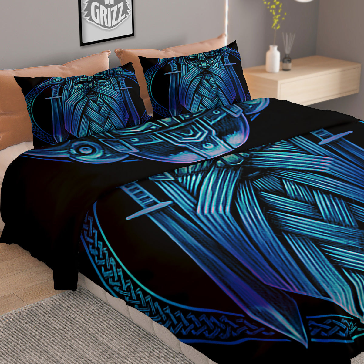 Viking Norse God Odin Blue Print Duvet Cover Bedding Set
