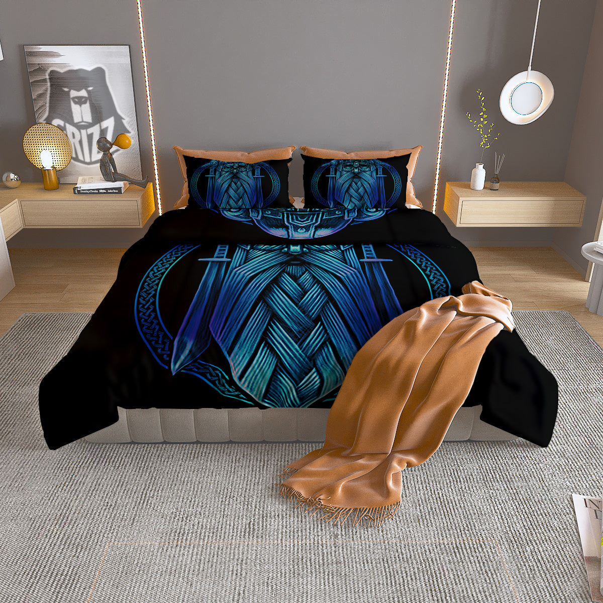 Viking Norse God Odin Blue Print Duvet Cover Bedding Set