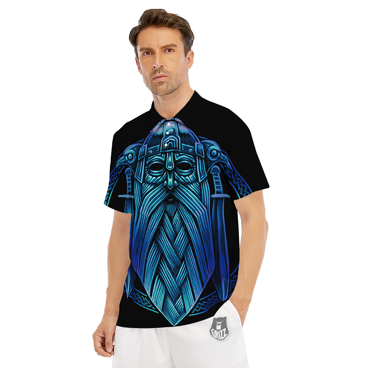 Viking Norse God Odin Blue Print Men's Golf Shirts-grizzshop
