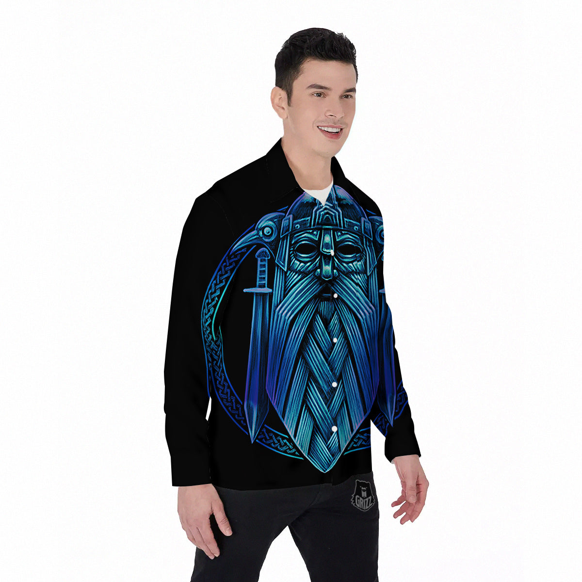 Viking Norse God Odin Blue Print Men's Long Sleeve Shirts-grizzshop