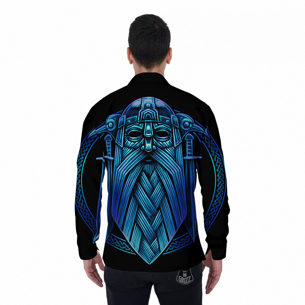 Viking Norse God Odin Blue Print Men's Long Sleeve Shirts-grizzshop
