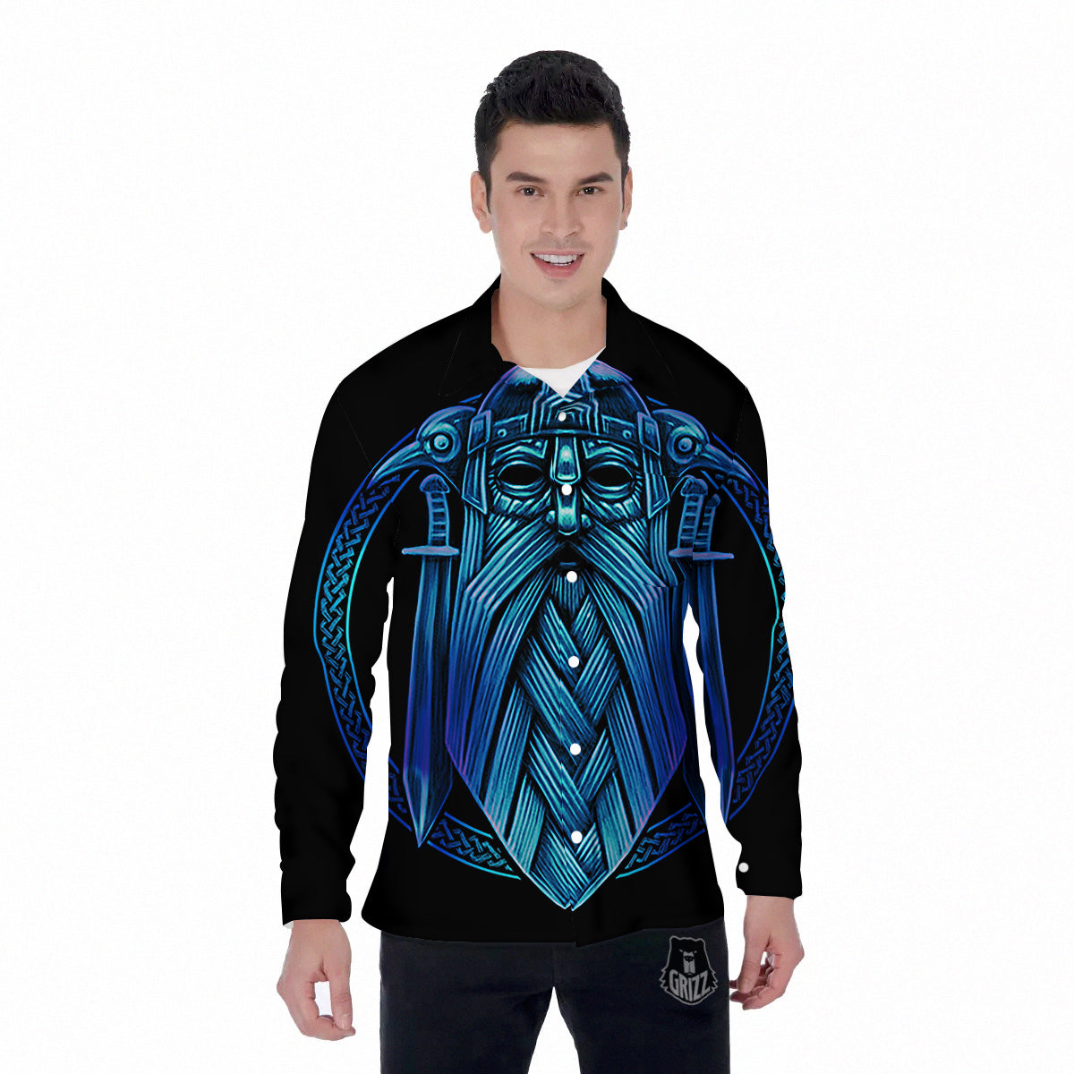 Viking Norse God Odin Blue Print Men's Long Sleeve Shirts-grizzshop
