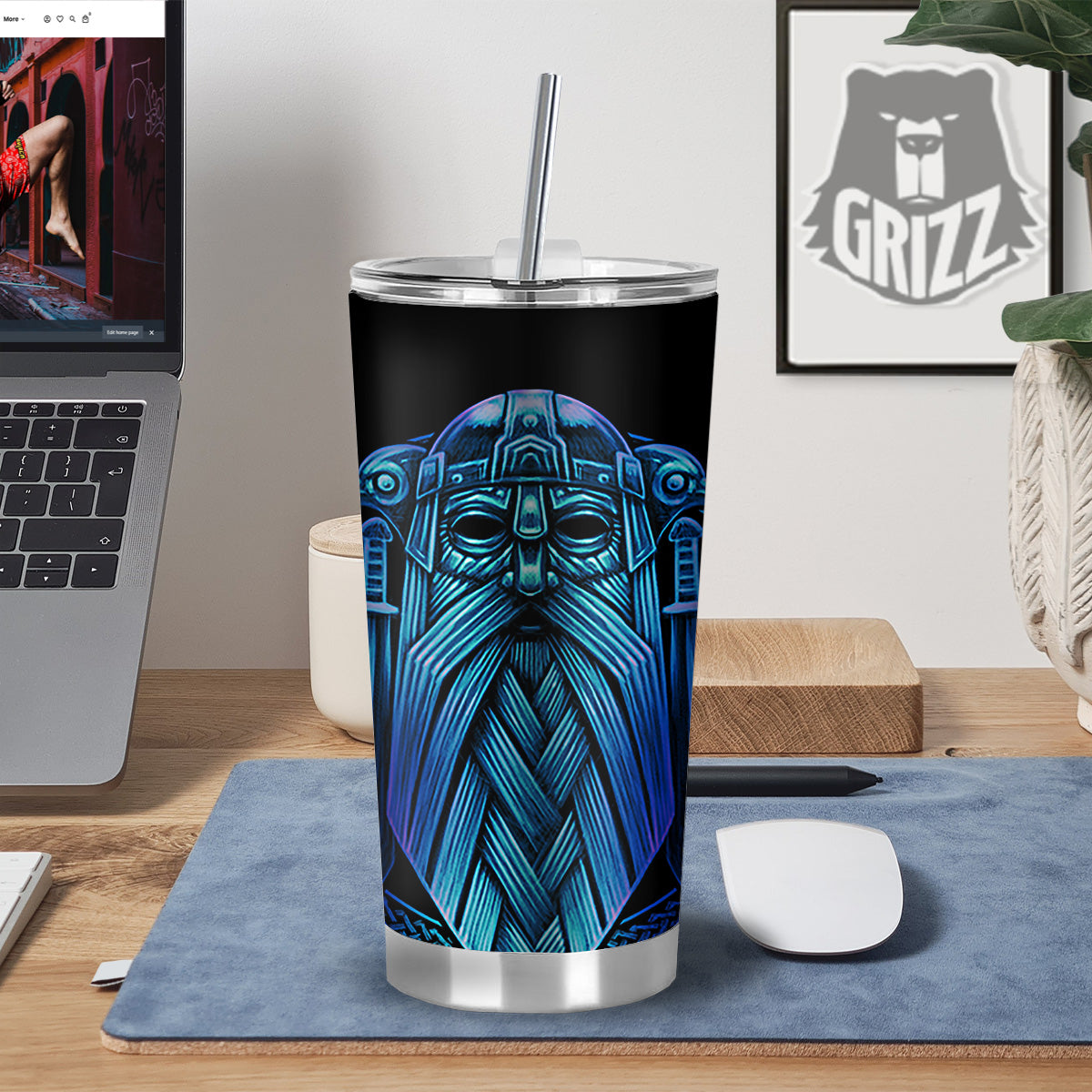 Viking Norse God Odin Blue Print Tumbler-grizzshop