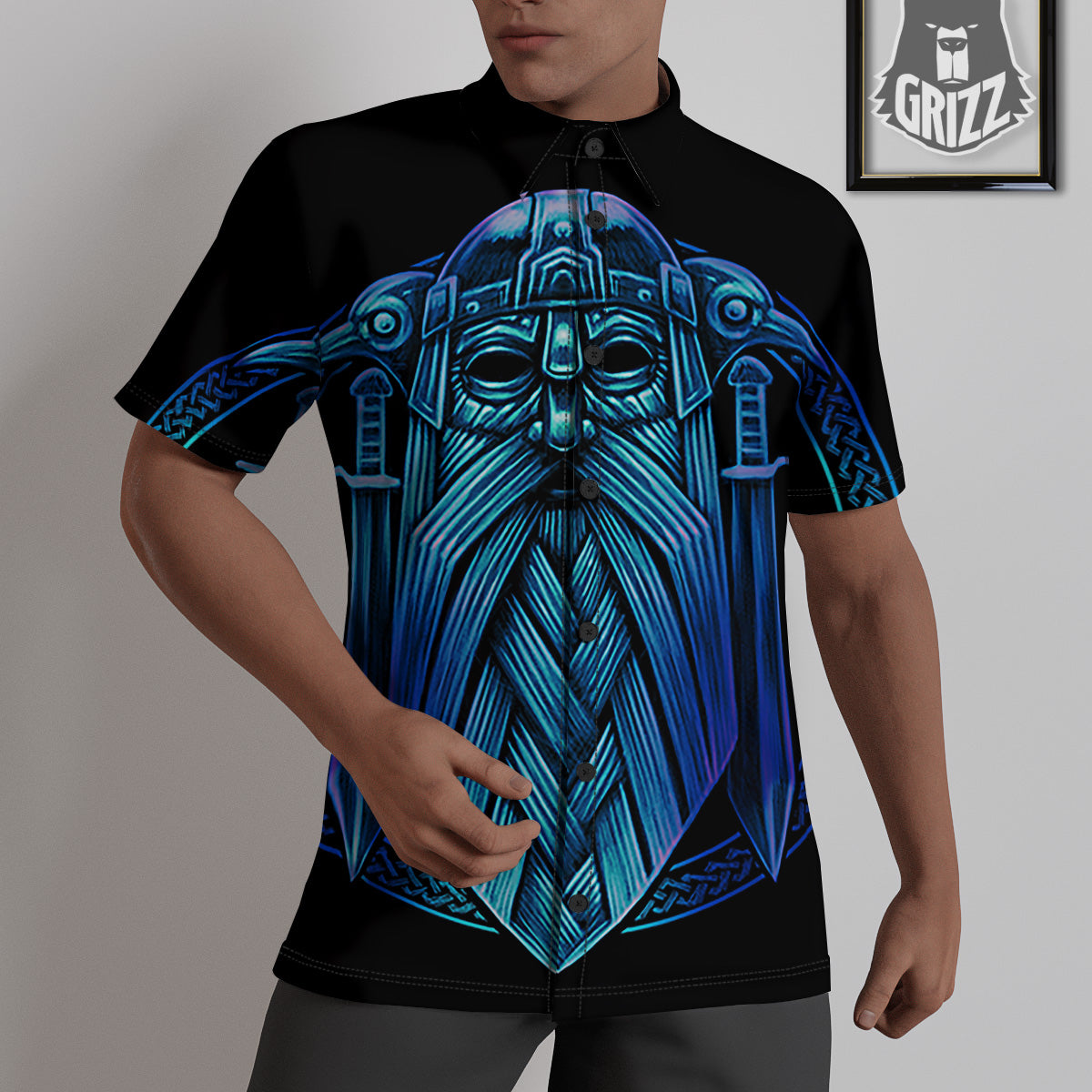 Viking Norse God Odin Blue Print Untucked Shirts-grizzshop