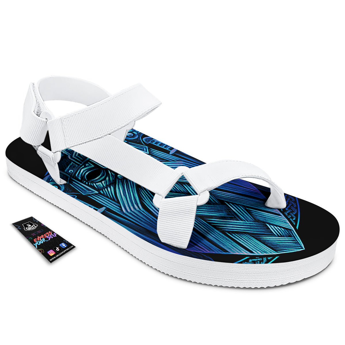 Viking Norse God Odin Blue Print White Open Toe Sandals-grizzshop