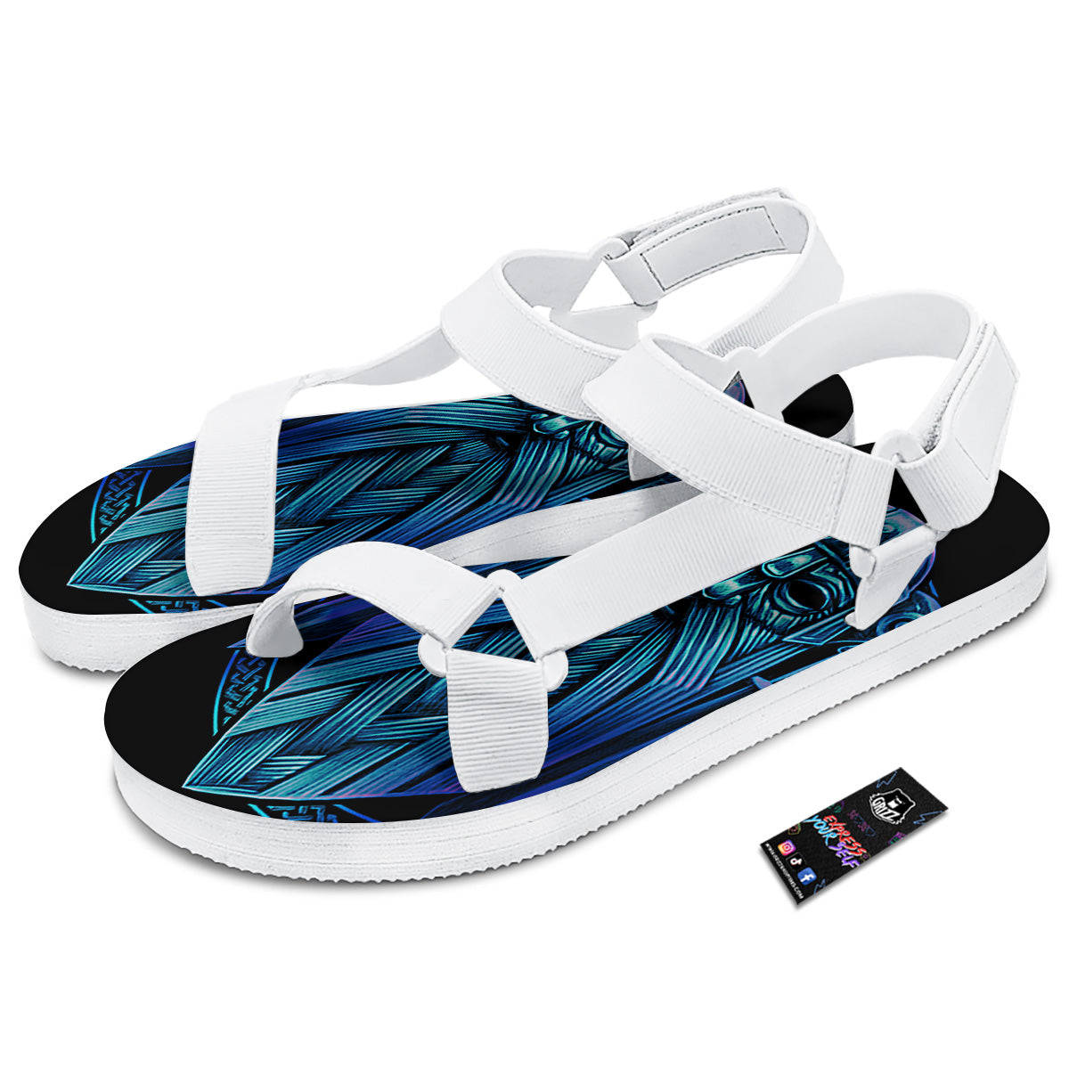 Viking Norse God Odin Blue Print White Open Toe Sandals-grizzshop