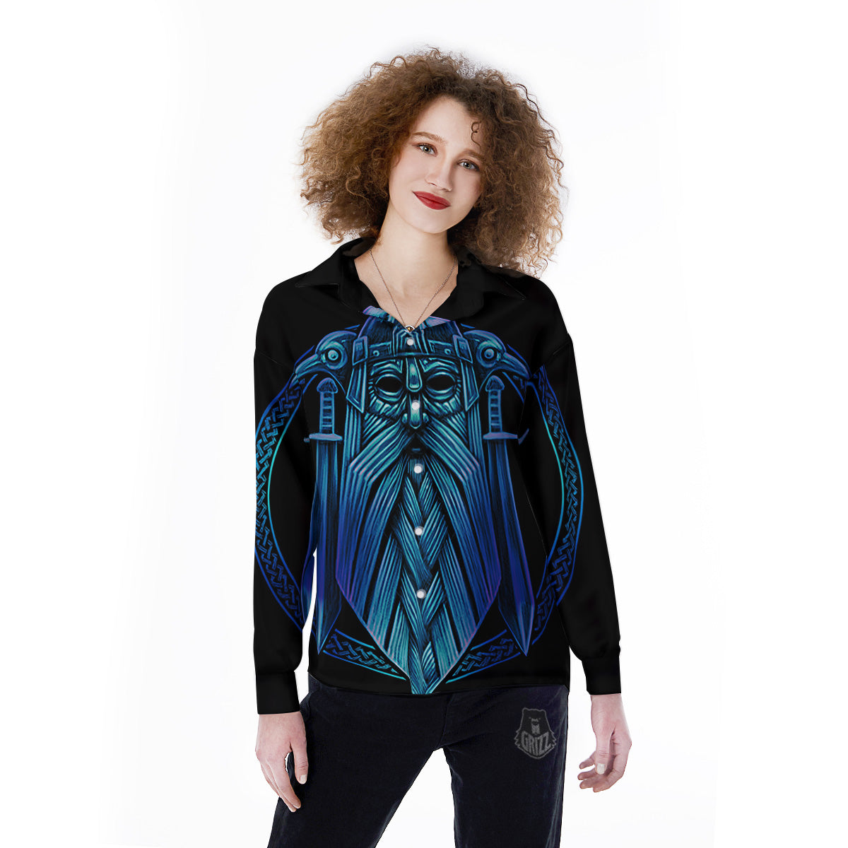 Viking Norse God Odin Blue Print Women's Long Sleeve Shirts-grizzshop