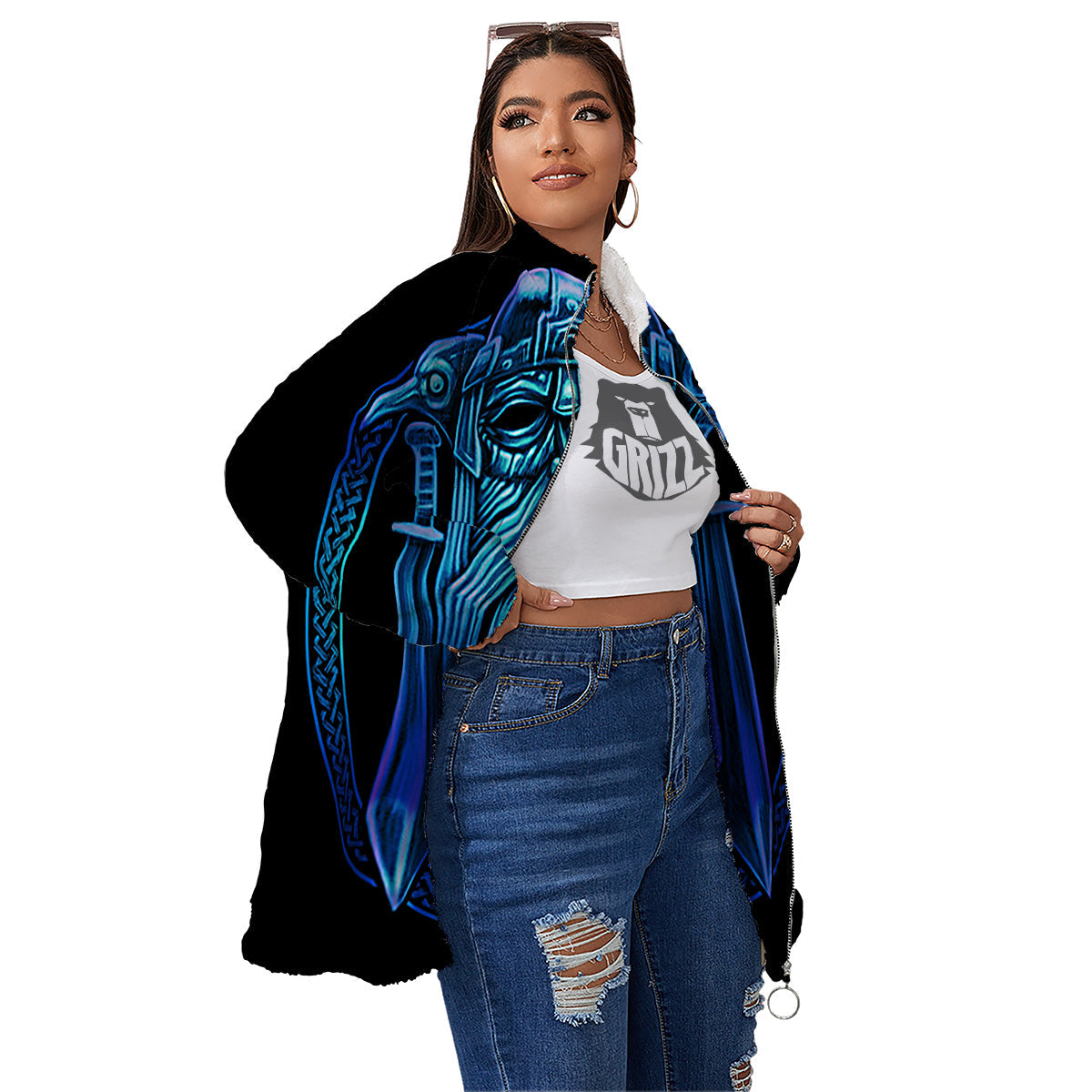 Viking Norse God Odin Blue Print Women's Sherpa Jacket-grizzshop