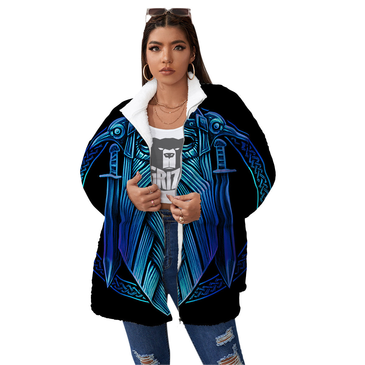 Viking Norse God Odin Blue Print Women's Sherpa Jacket-grizzshop