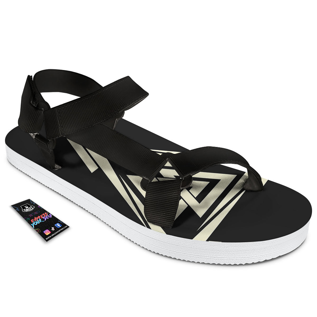 Viking Valknut Scandinavian Symbol Print Black Open Toe Sandals-grizzshop