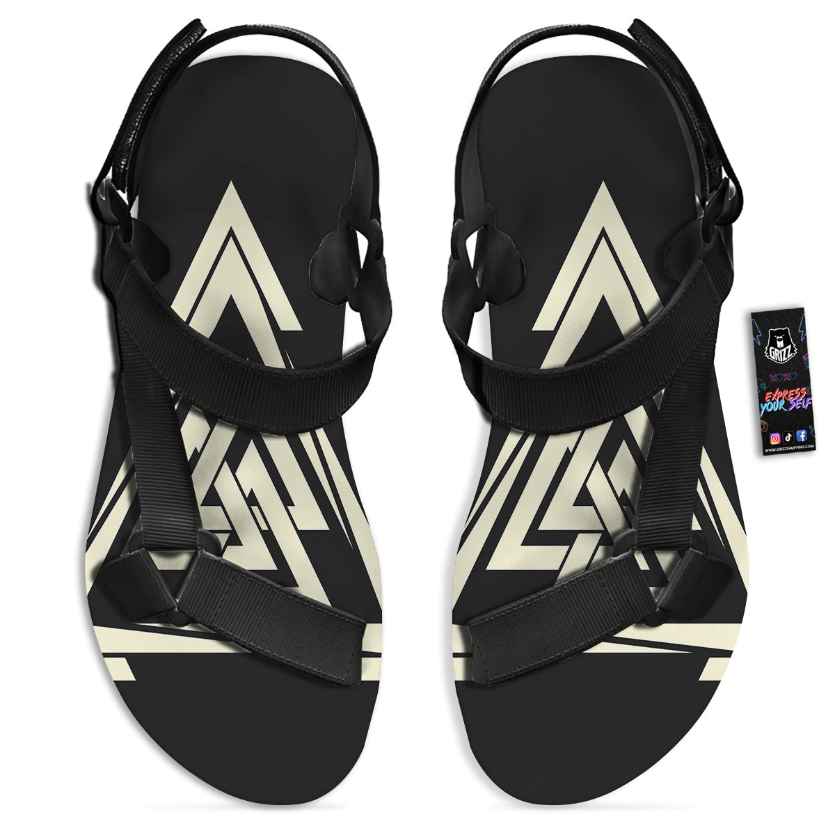 Viking Valknut Scandinavian Symbol Print Black Open Toe Sandals-grizzshop