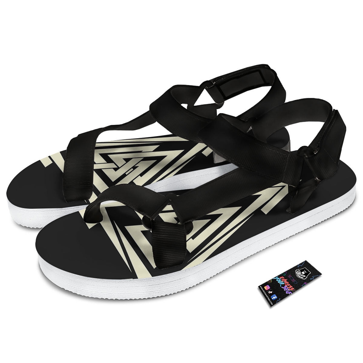 Viking Valknut Scandinavian Symbol Print Black Open Toe Sandals-grizzshop