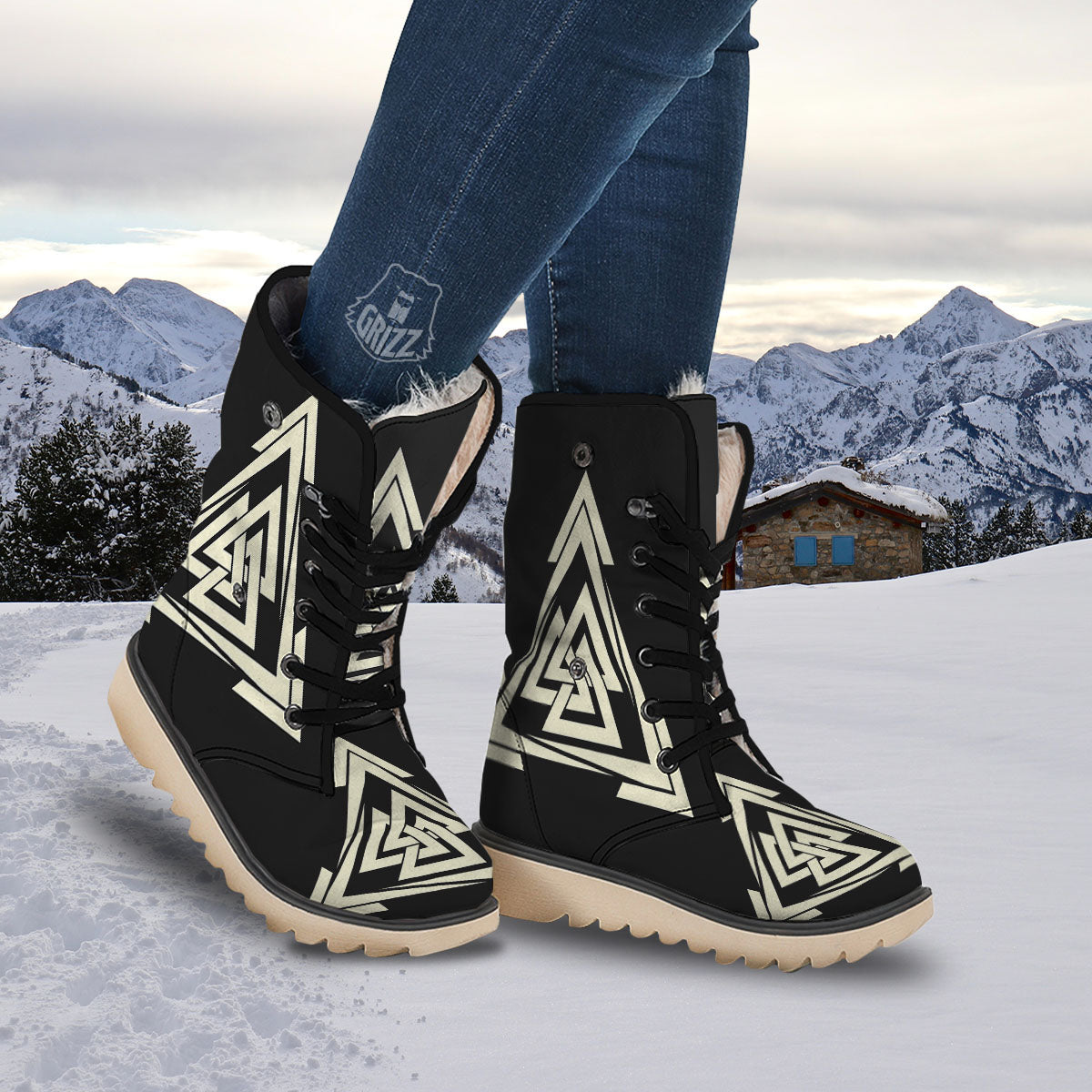 Viking Valknut Scandinavian Symbol Print Snow Boots-grizzshop