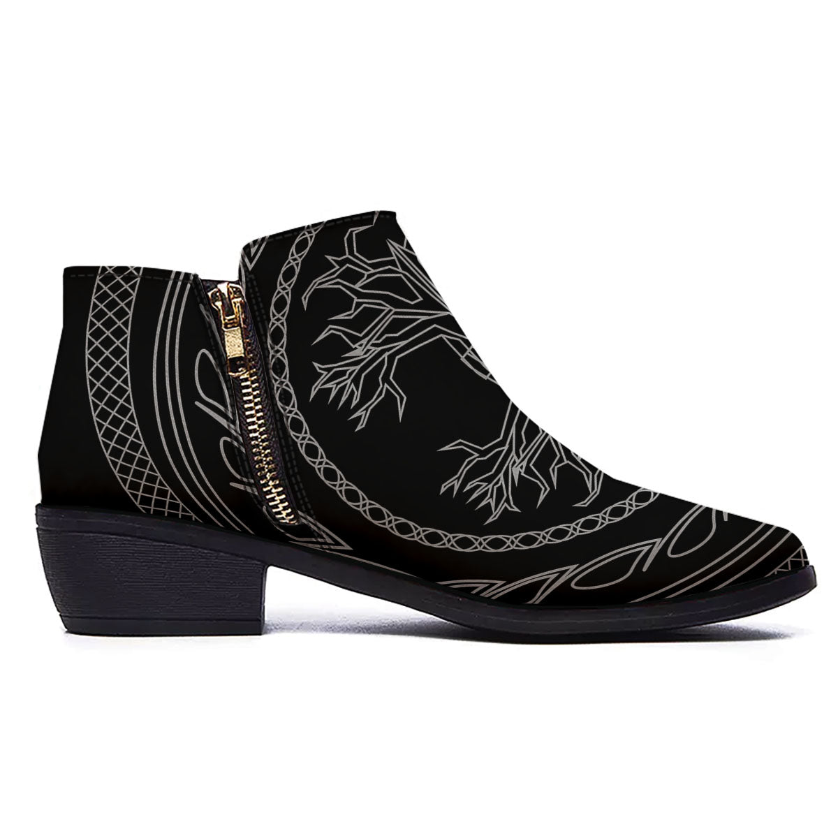 Viking Yggdrasil White And Black Print Ankle Boots-grizzshop
