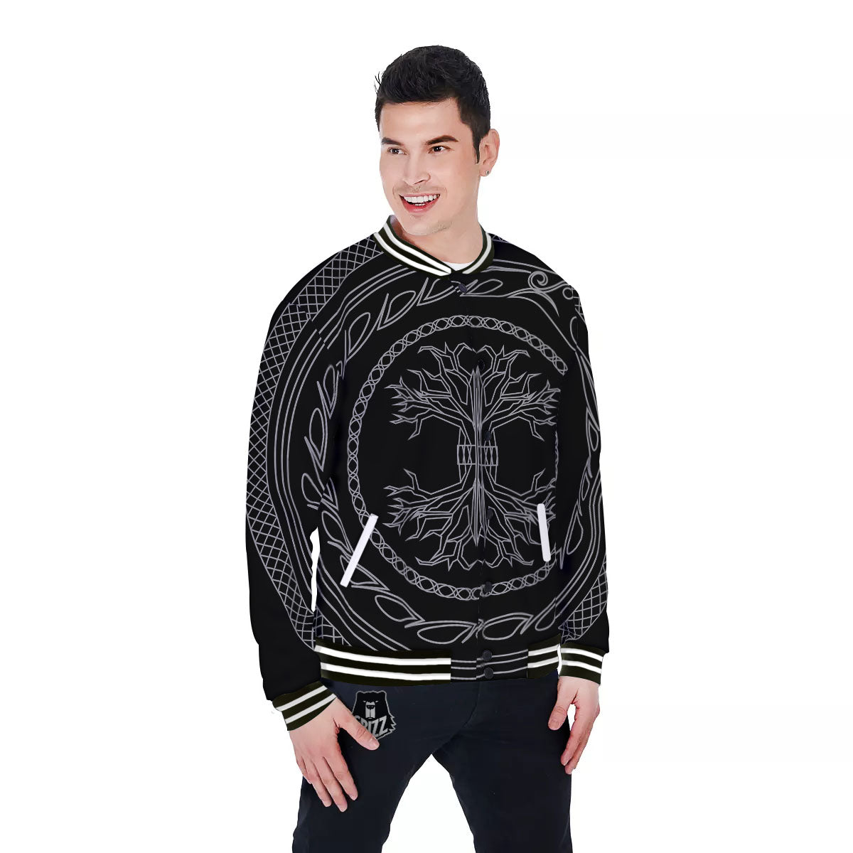 Viking Yggdrasil White And Black Print Baseball Jacket-grizzshop