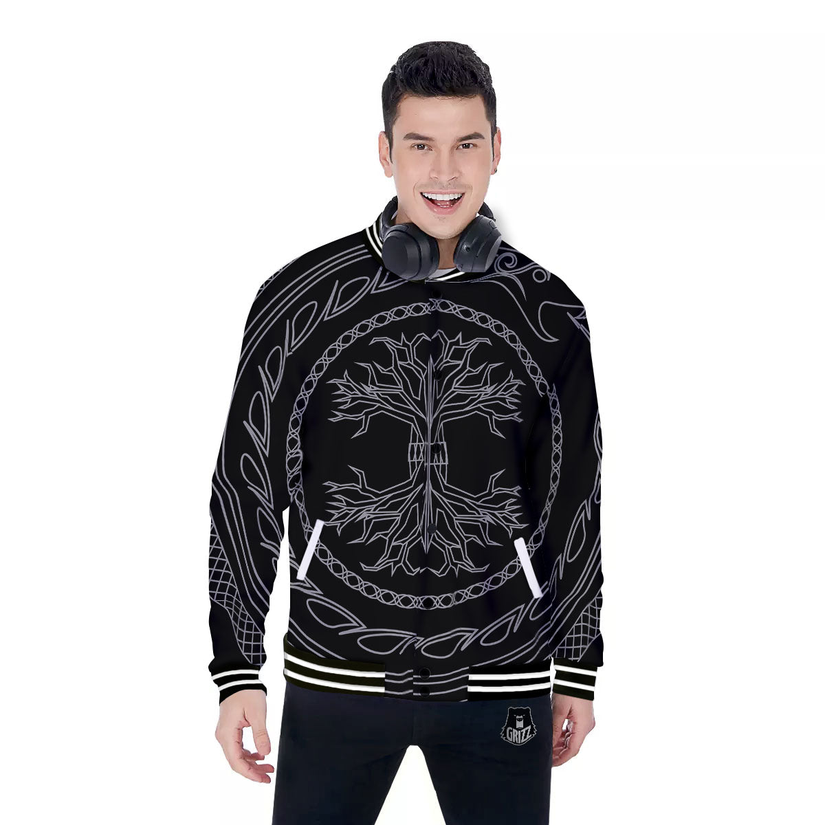 Viking Yggdrasil White And Black Print Baseball Jacket-grizzshop
