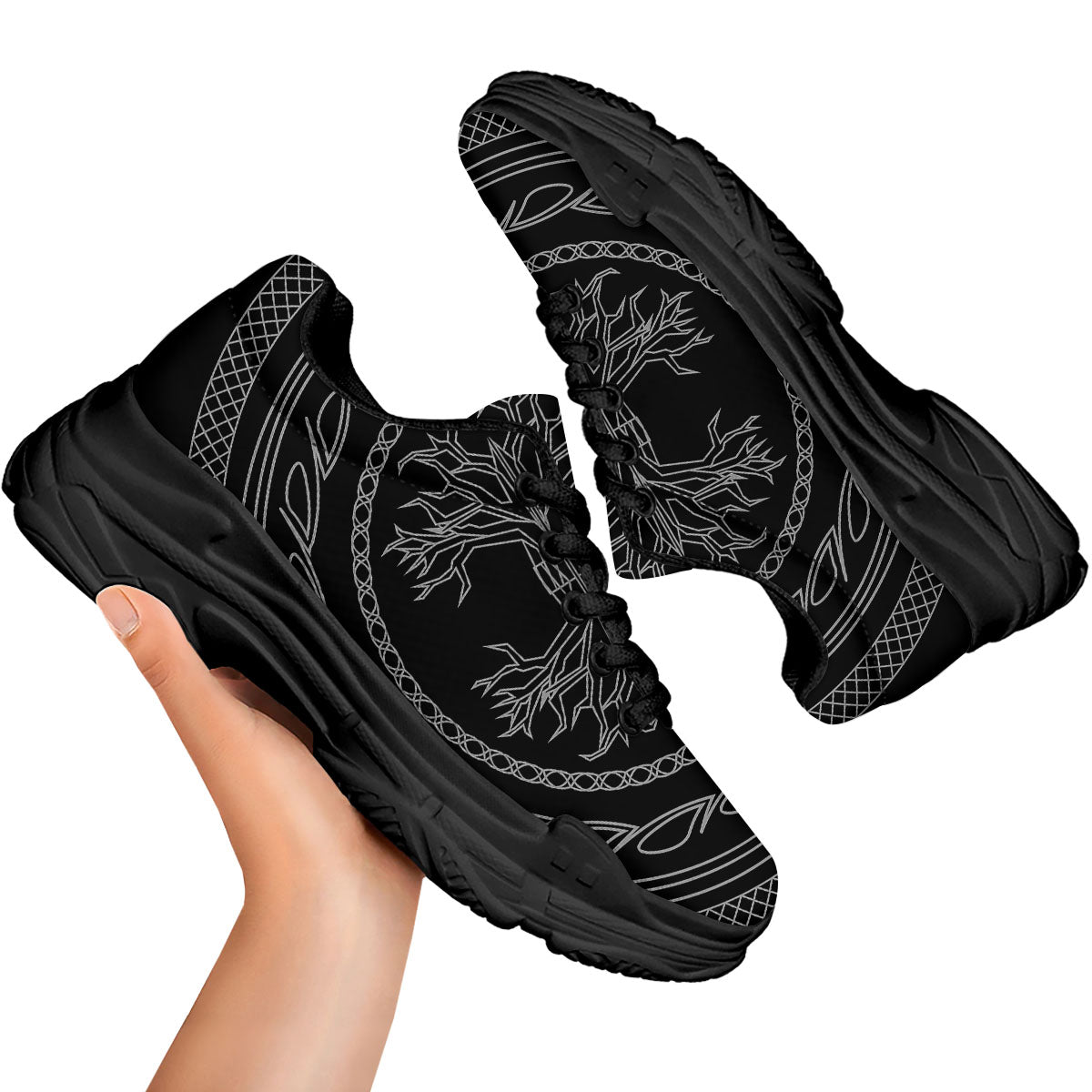 Viking Yggdrasil White And Black Print Black Chunky Shoes-grizzshop