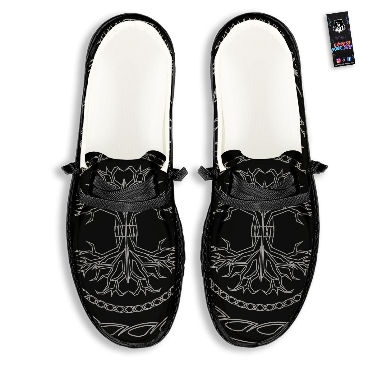 Viking Yggdrasil White And Black Print Black Loafers-grizzshop