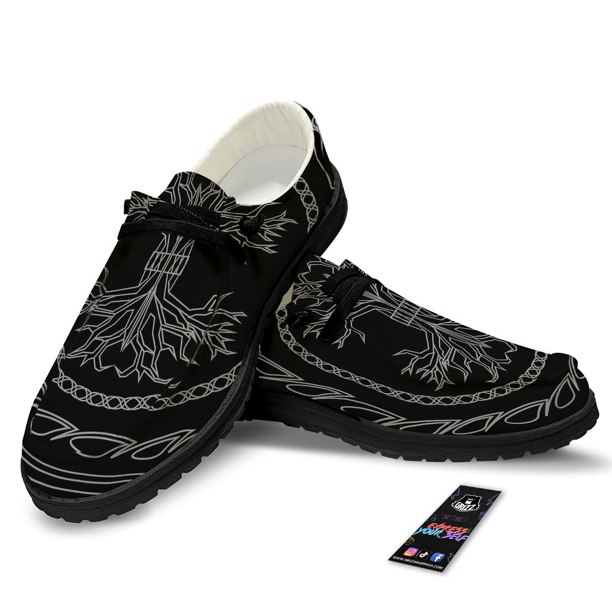 Viking Yggdrasil White And Black Print Black Loafers-grizzshop