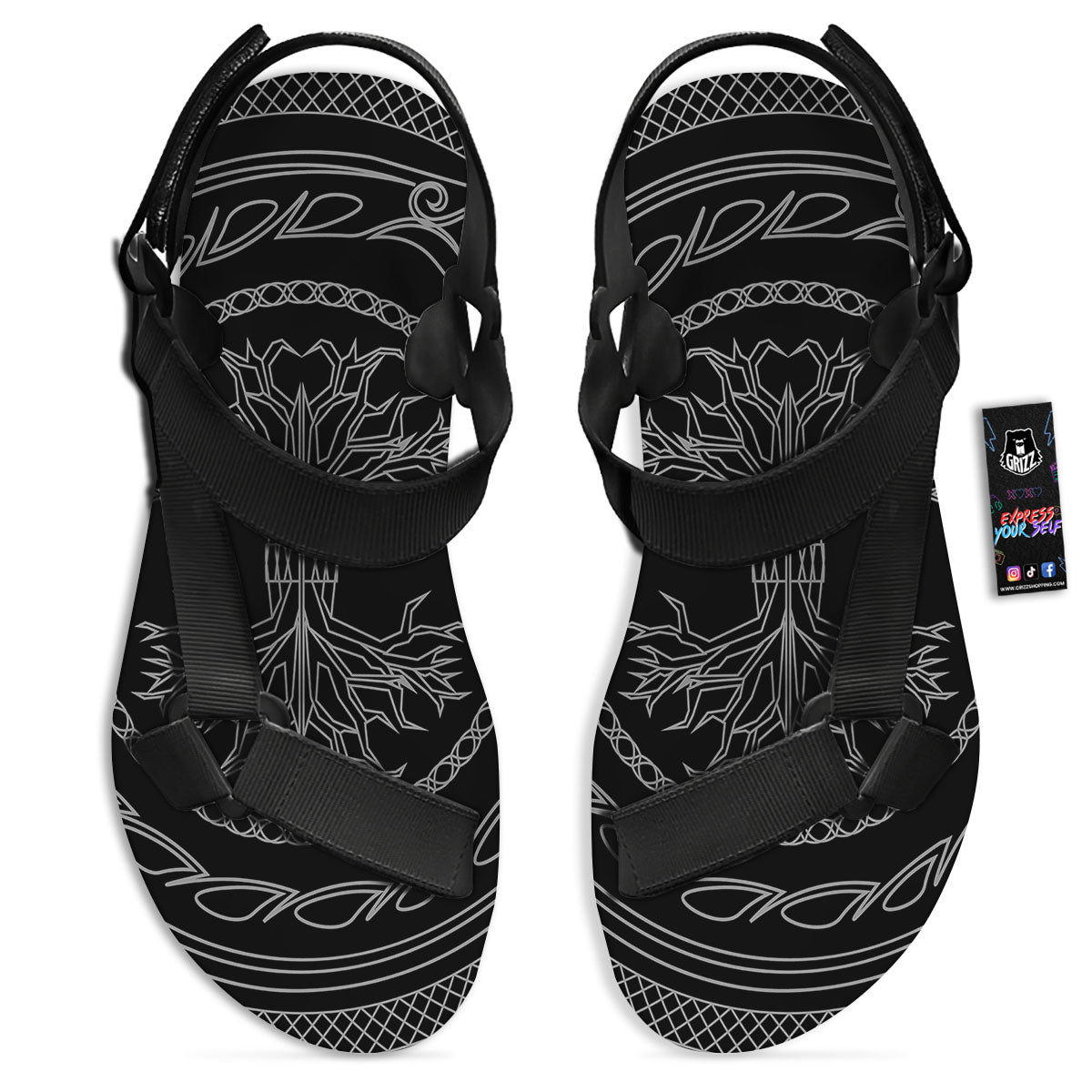 Viking Yggdrasil White And Black Print Black Open Toe Sandals-grizzshop