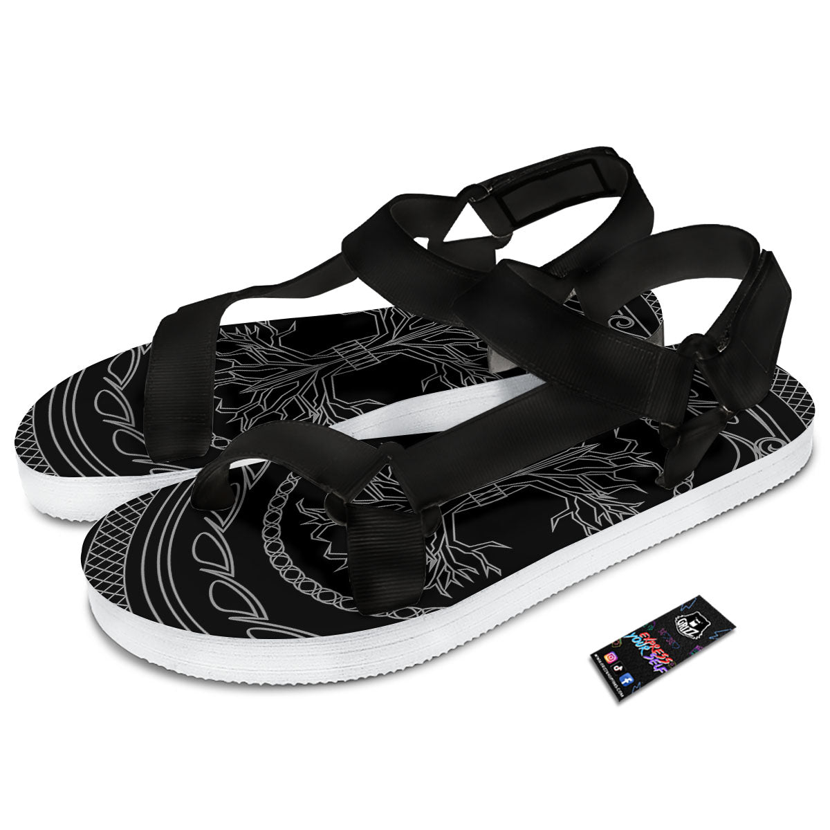 Viking Yggdrasil White And Black Print Black Open Toe Sandals-grizzshop