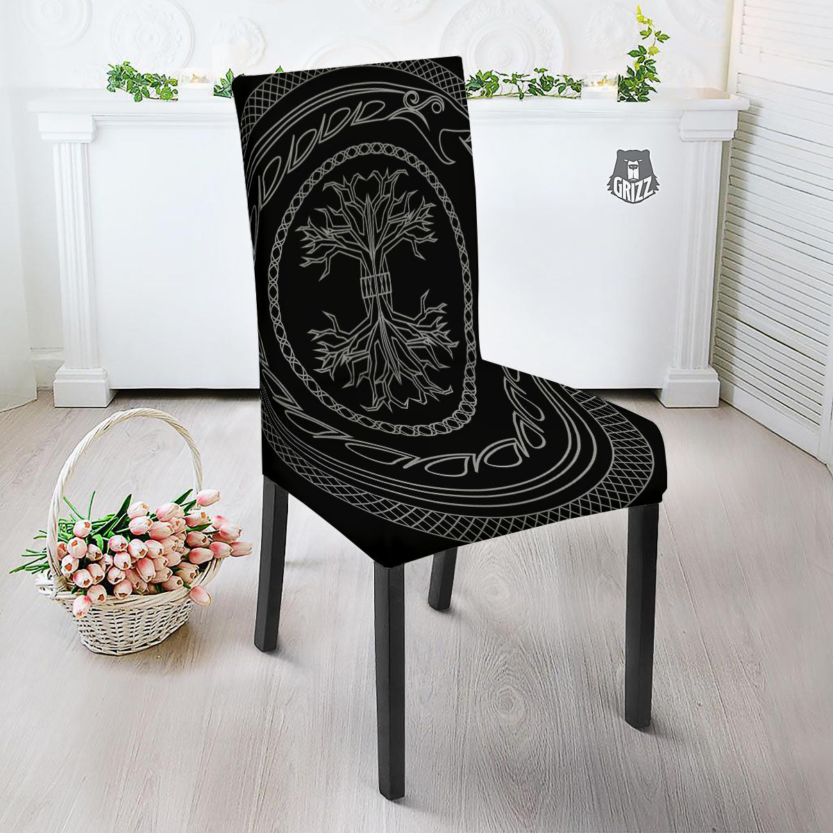Viking Yggdrasil White And Black Print Dining Chair Slipcover-grizzshop