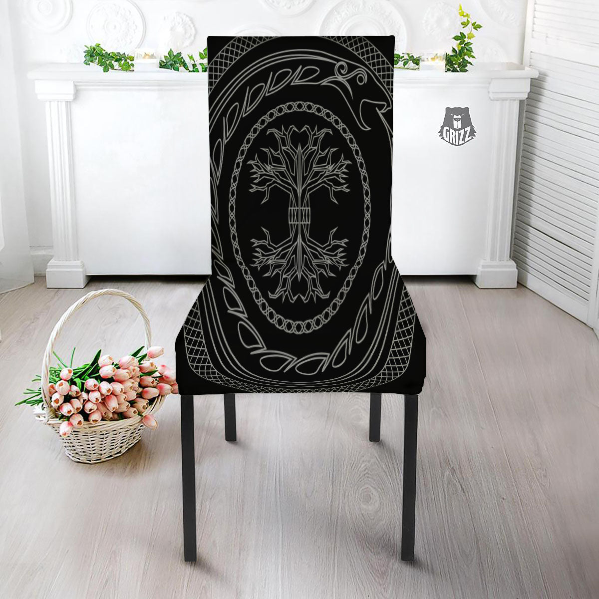 Viking Yggdrasil White And Black Print Dining Chair Slipcover-grizzshop