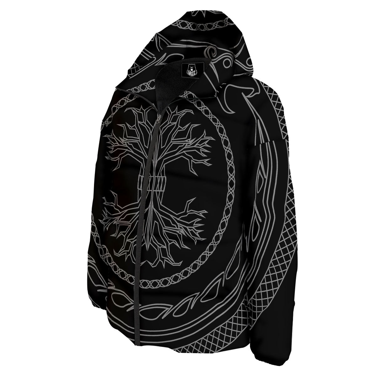 Viking Yggdrasil White And Black Print Down Jacket-grizzshop