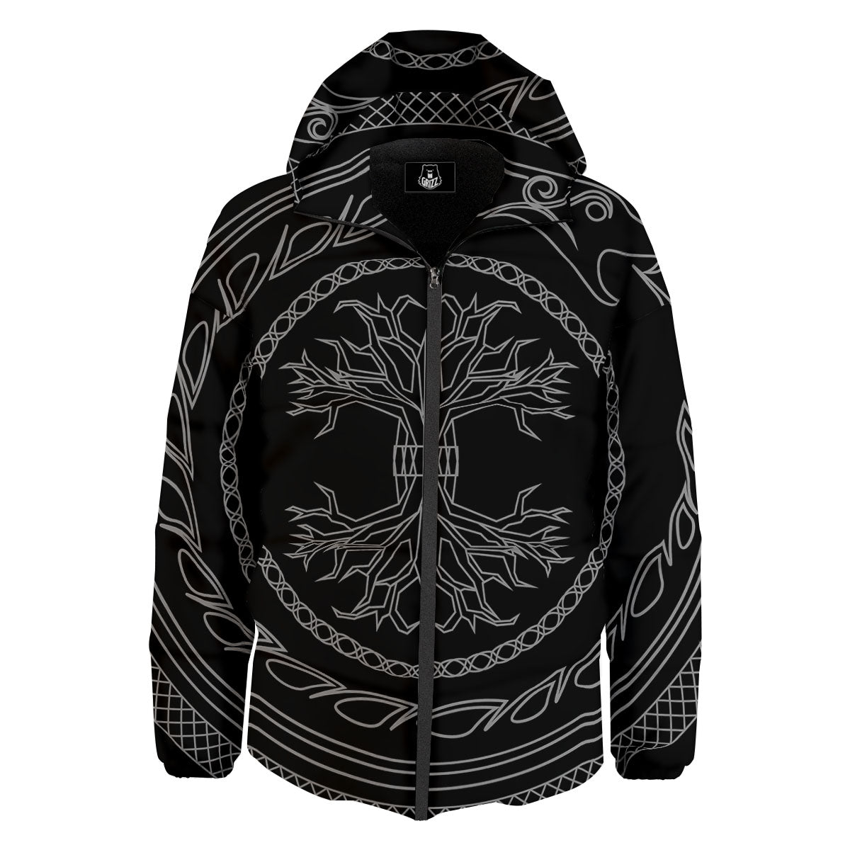 Viking Yggdrasil White And Black Print Down Jacket-grizzshop