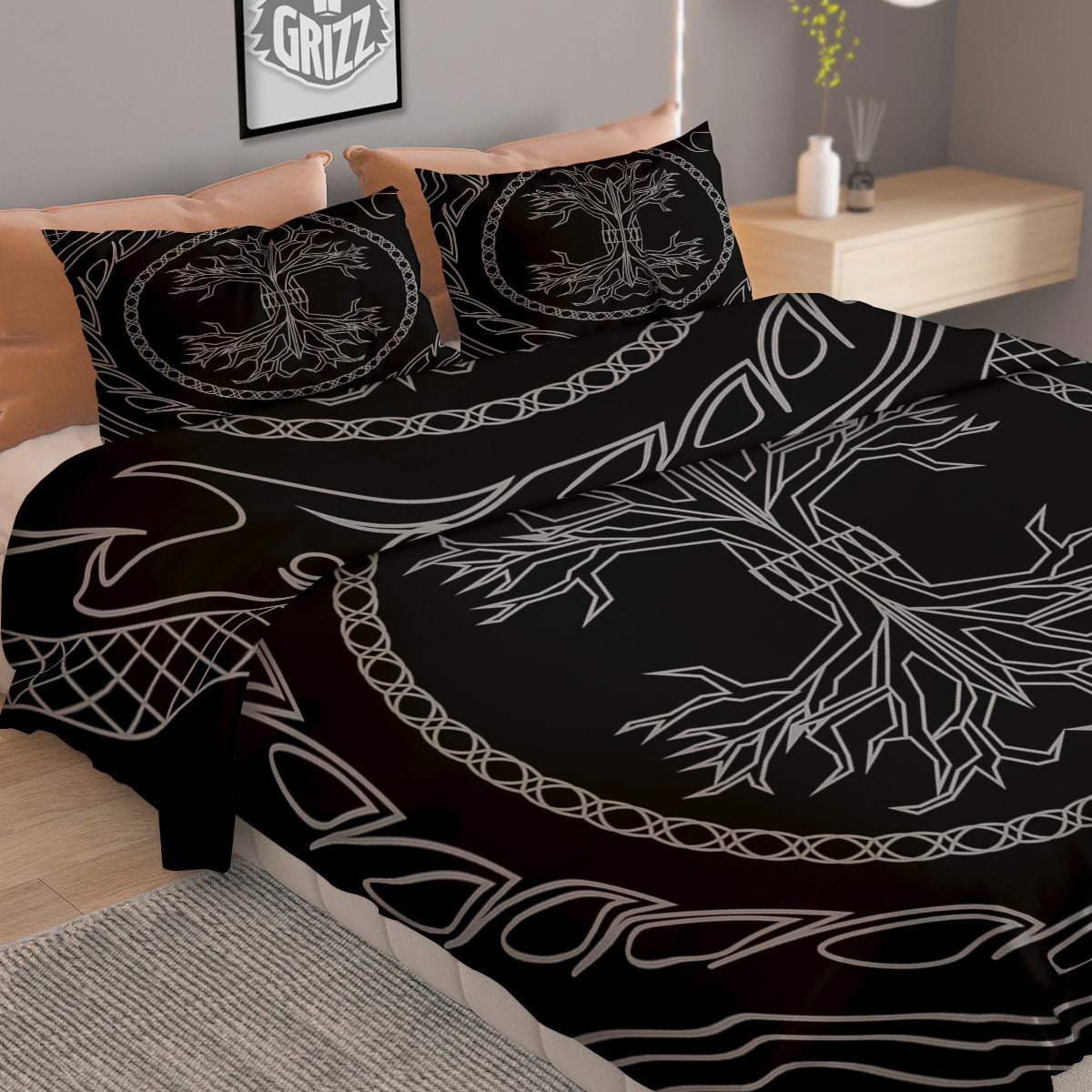 Viking Yggdrasil White And Black Print Duvet Cover Bedding Set