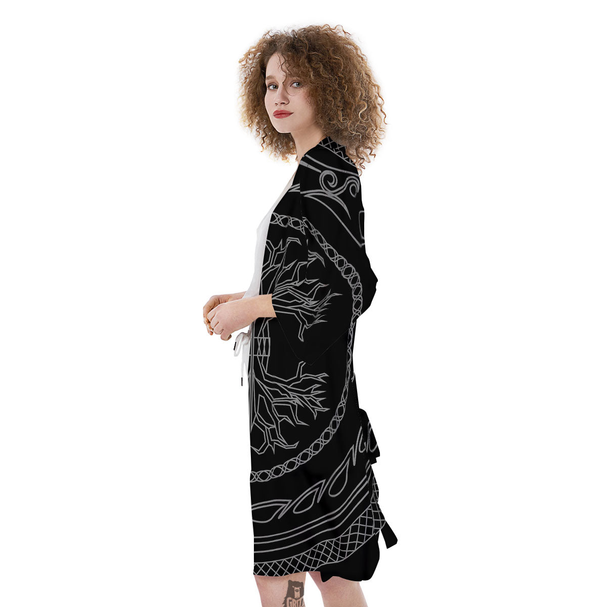 Viking Yggdrasil White And Black Print Kimono-grizzshop