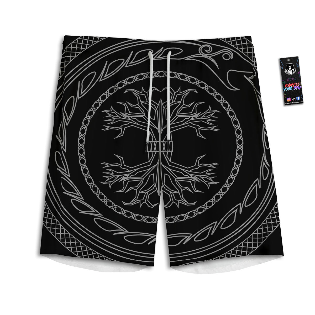 Viking Yggdrasil White And Black Print Men's Athletic Shorts