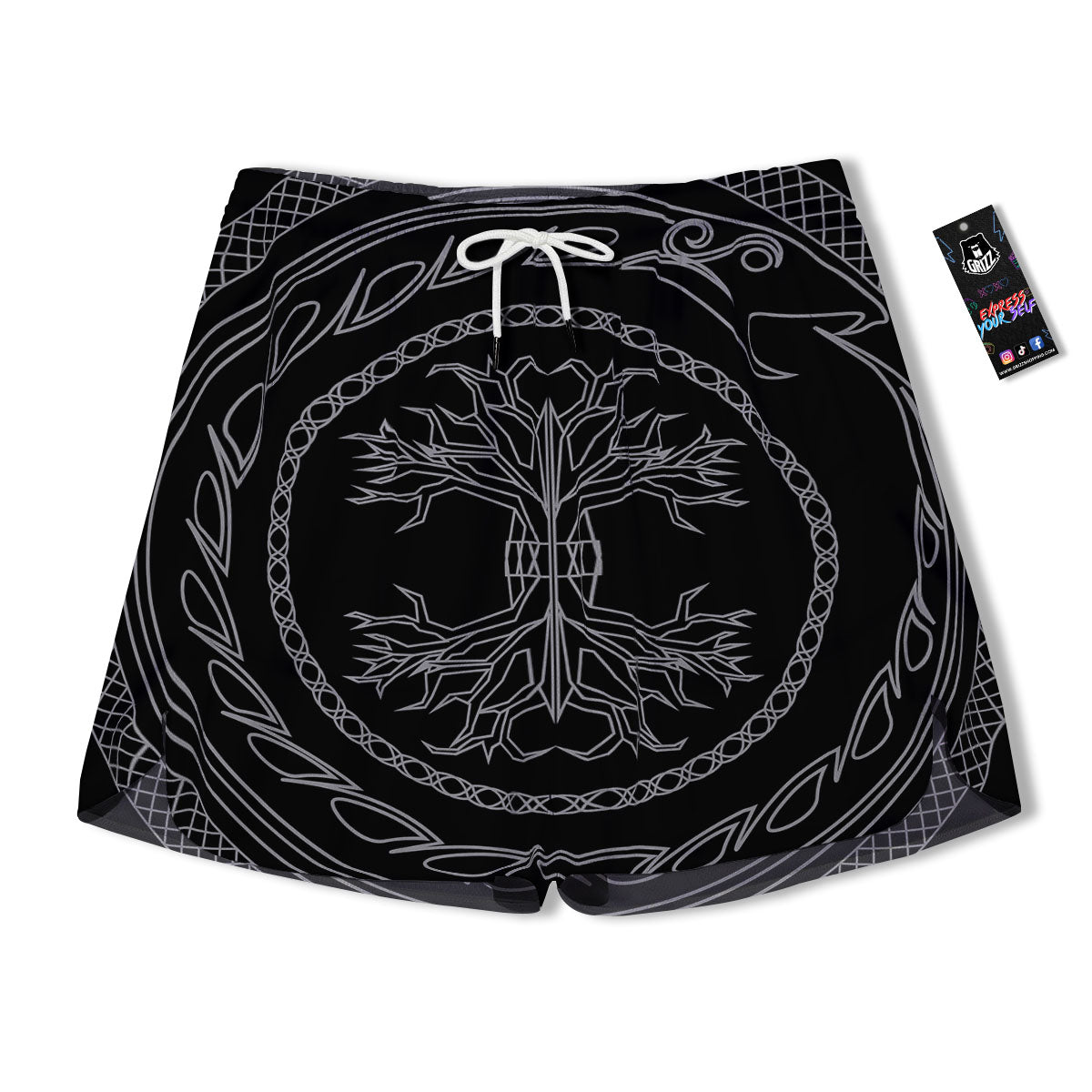 Viking Yggdrasil White And Black Print Men's Running Shorts-grizzshop