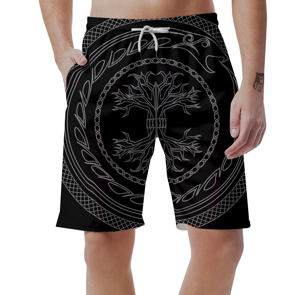 Viking Yggdrasil White And Black Print Men's Shorts-grizzshop