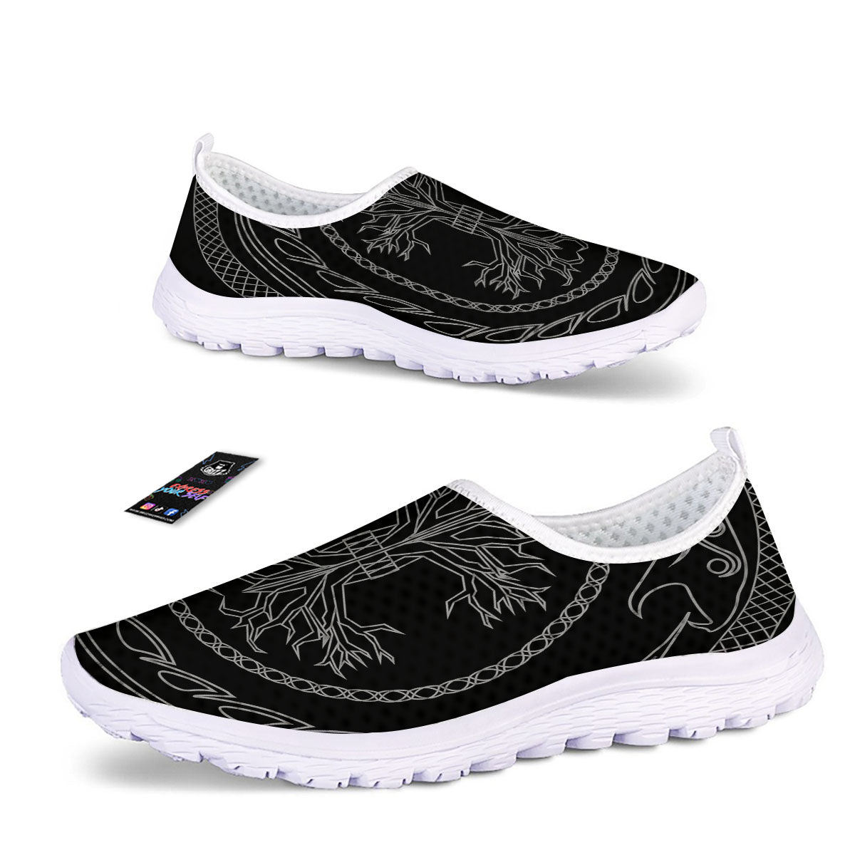 Viking Yggdrasil White And Black Print Nurse Shoes-grizzshop