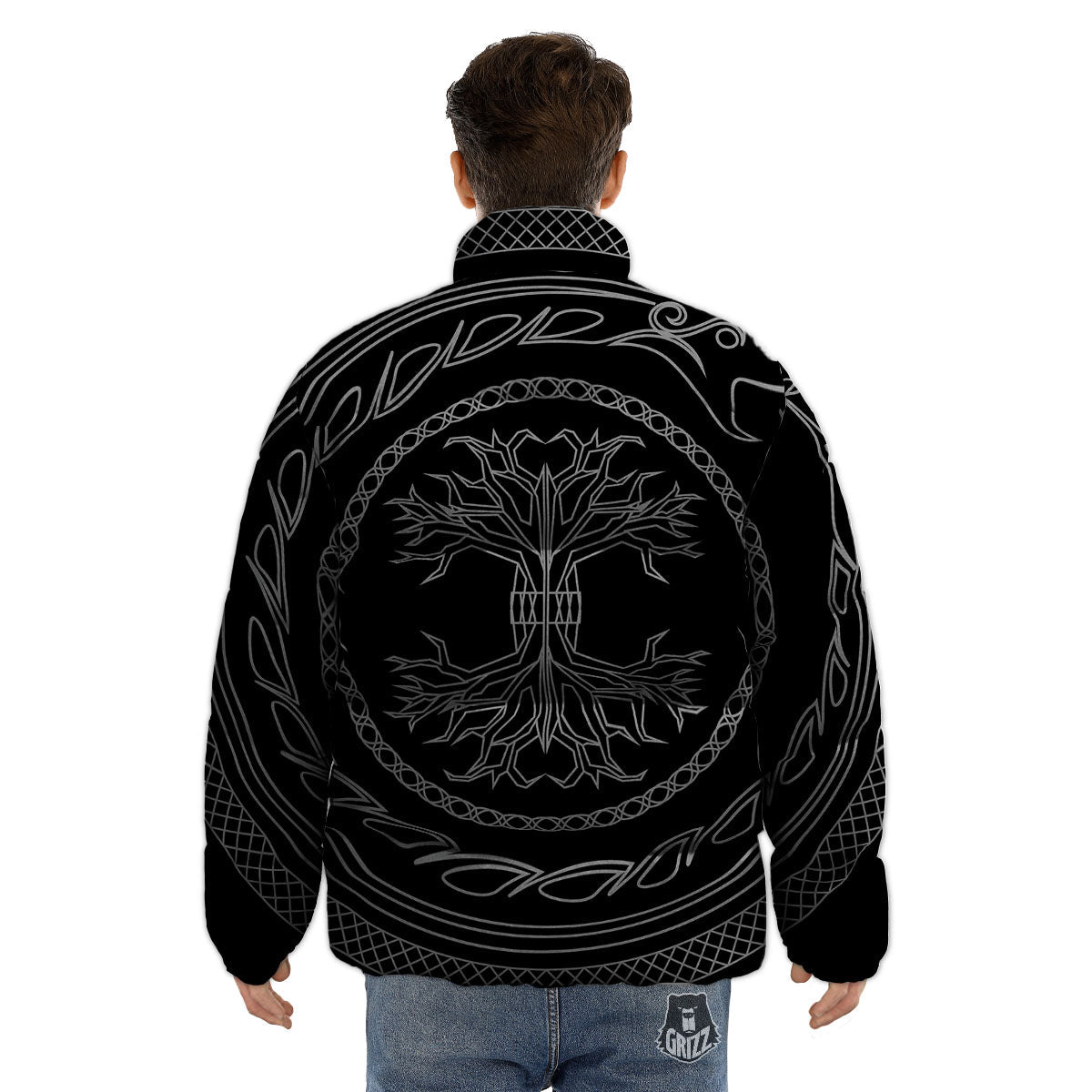 Viking Yggdrasil White And Black Print Puffer Jacket-grizzshop