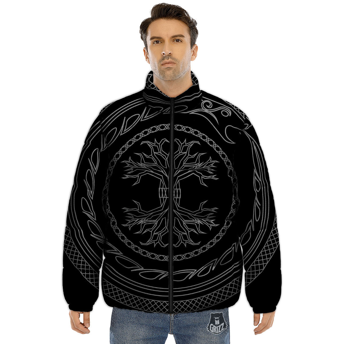 Viking Yggdrasil White And Black Print Puffer Jacket-grizzshop