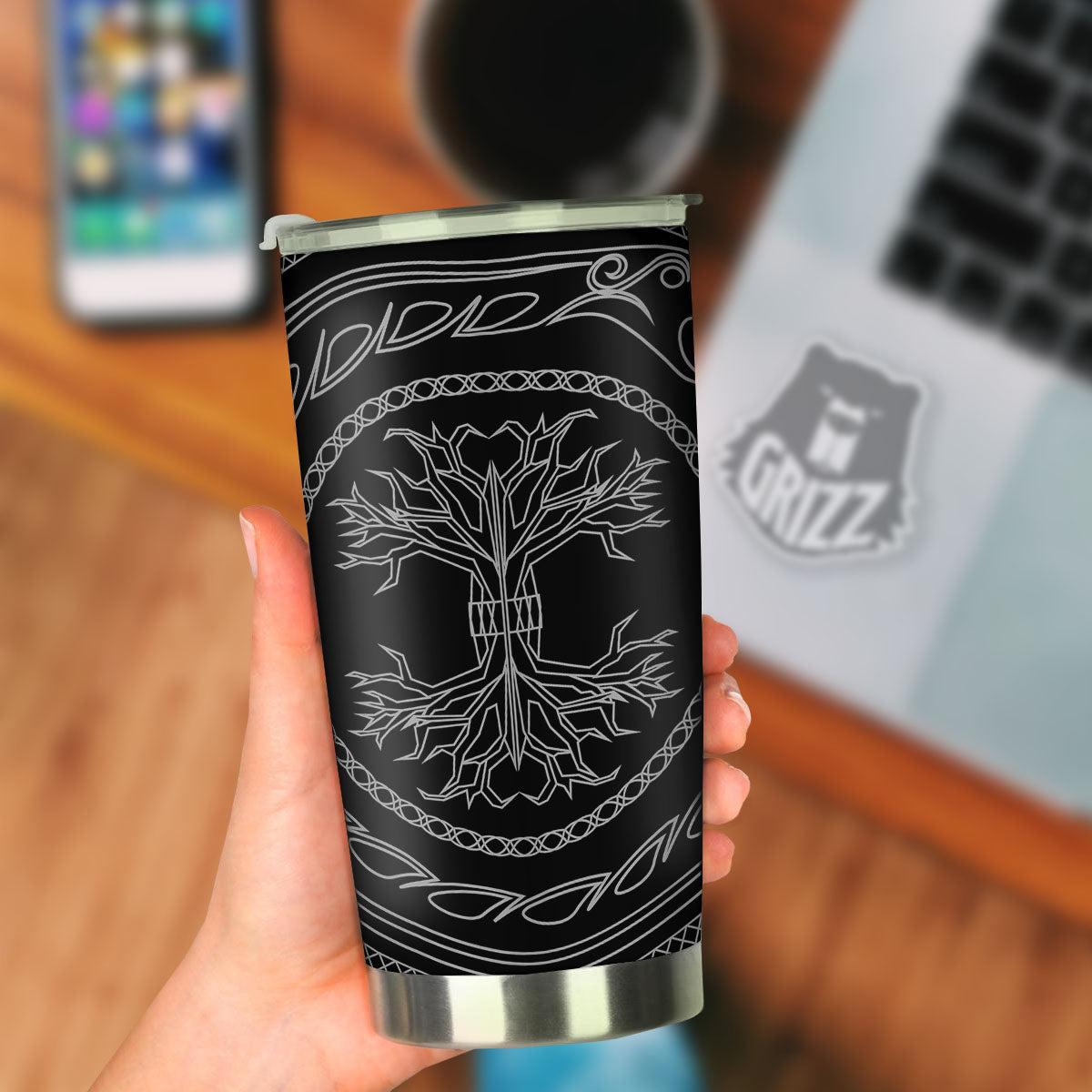 Viking Yggdrasil White And Black Print Tumbler-grizzshop