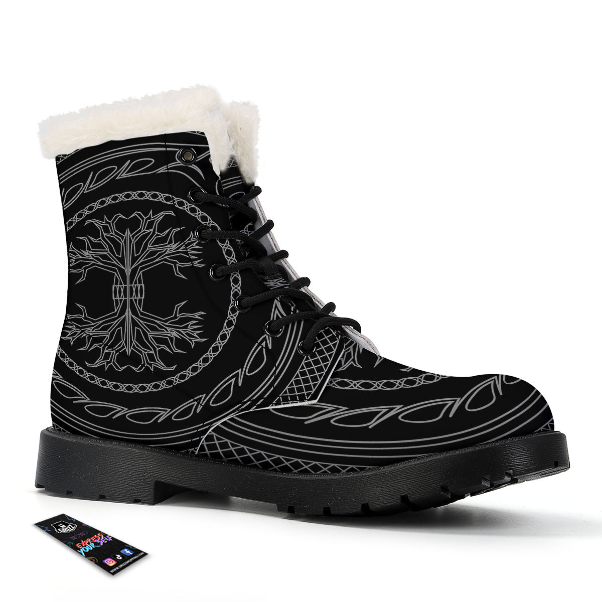Viking Yggdrasil White And Black Print Winter Boots-grizzshop