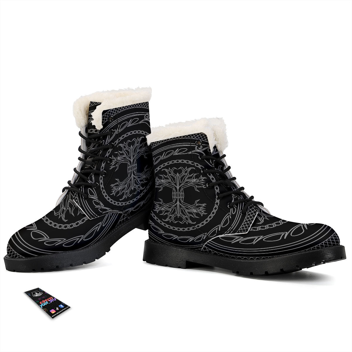 Viking Yggdrasil White And Black Print Winter Boots-grizzshop