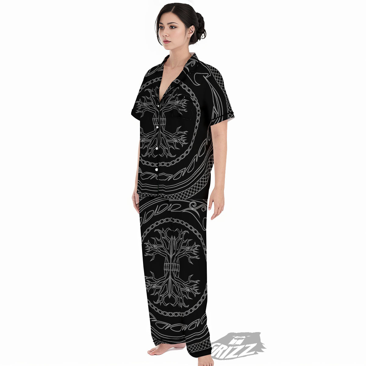 Viking Yggdrasil White And Black Print Women's Pajamas Set-grizzshop