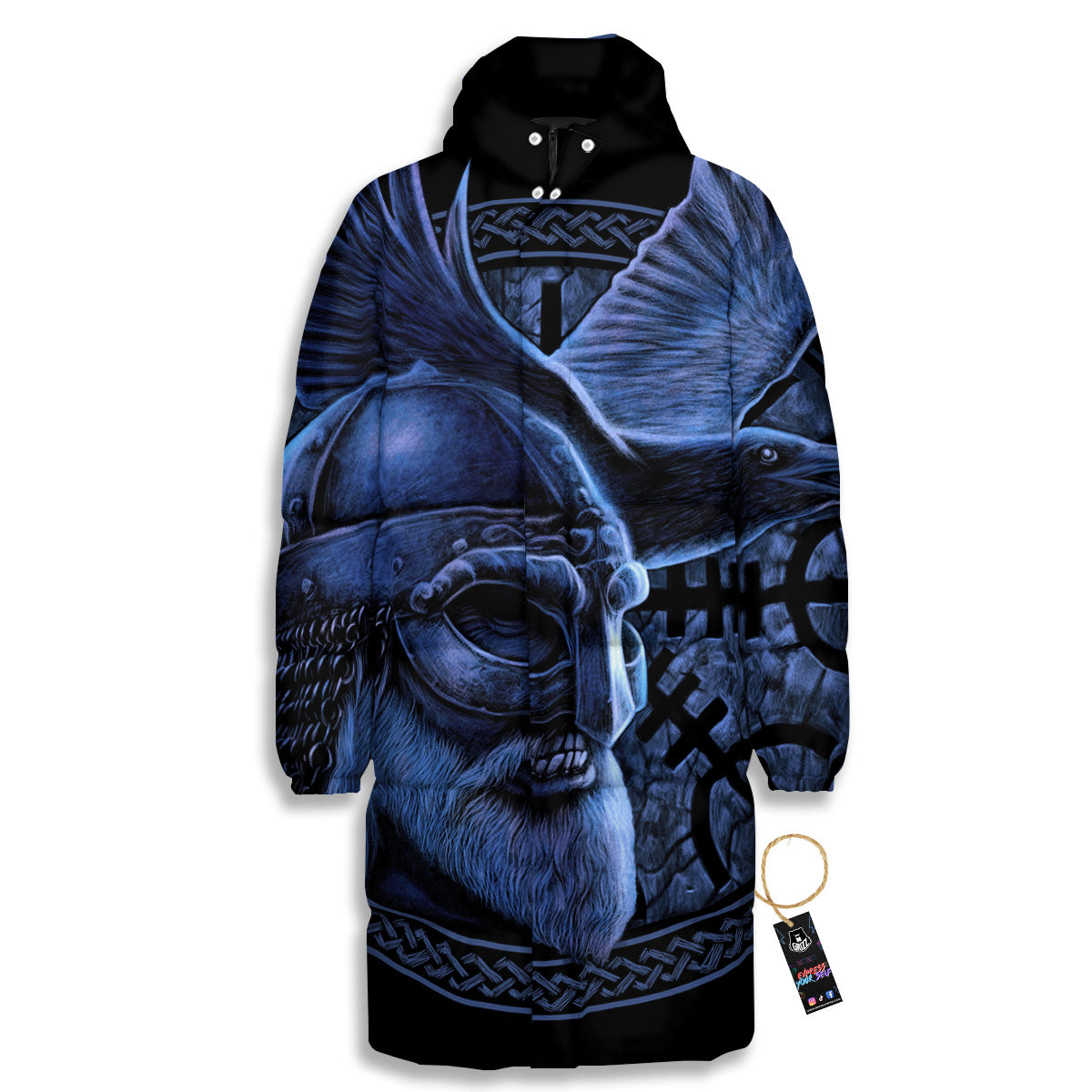 Viking God Odin And Crow Blue Print Long Down Jacket