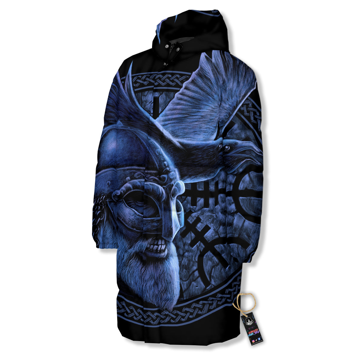 Viking God Odin And Crow Blue Print Long Down Jacket