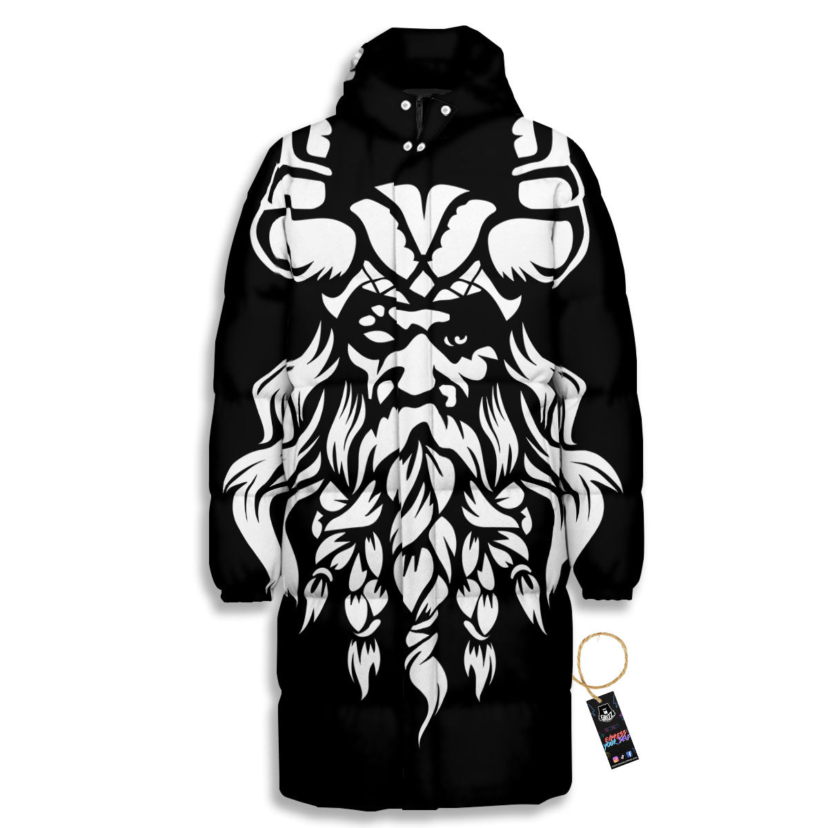 Viking God Odin White And Black Print Long Down Jacket