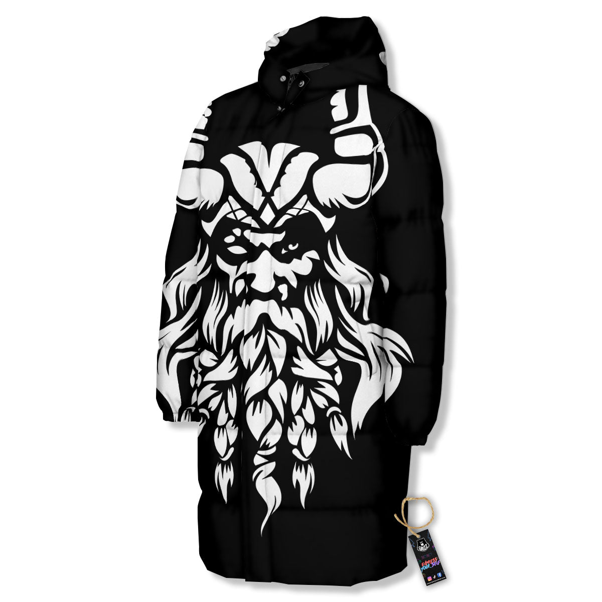 Viking God Odin White And Black Print Long Down Jacket