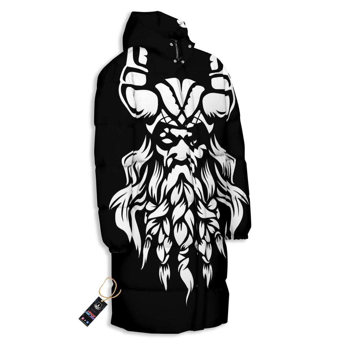 Viking God Odin White And Black Print Long Down Jacket